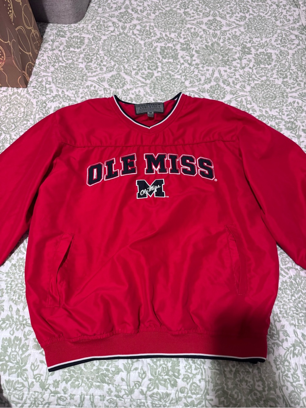 Colosseum Red Ole Miss V-Neck Pullover Vintage Bomber Sweater
